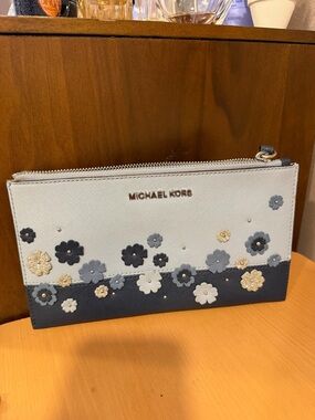Michael Kors Floral Appliqué Zip Pouch in Light Blue & Navy
